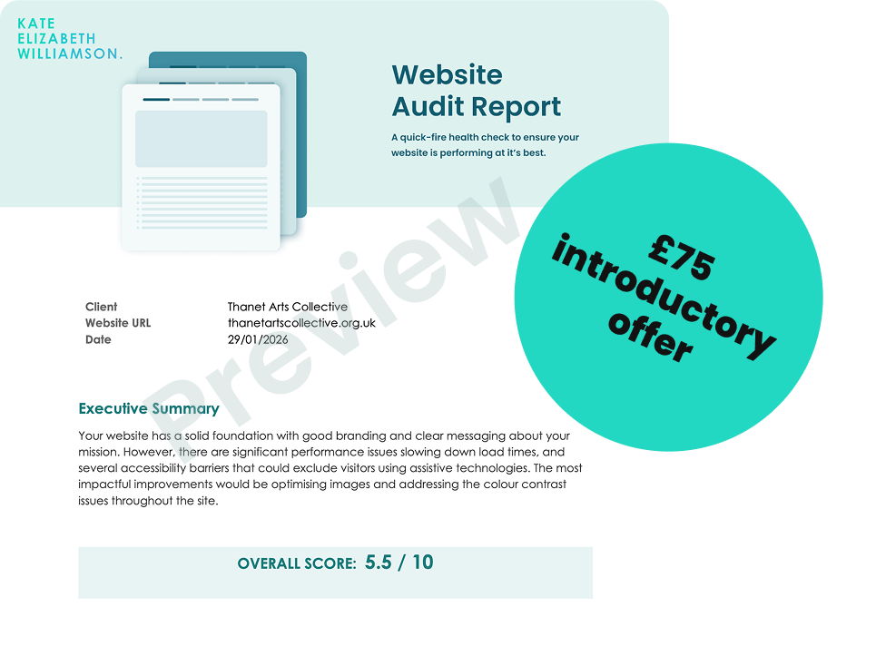 Screenshot of website audit report showing scores and recommendations for a fictional arts organisation